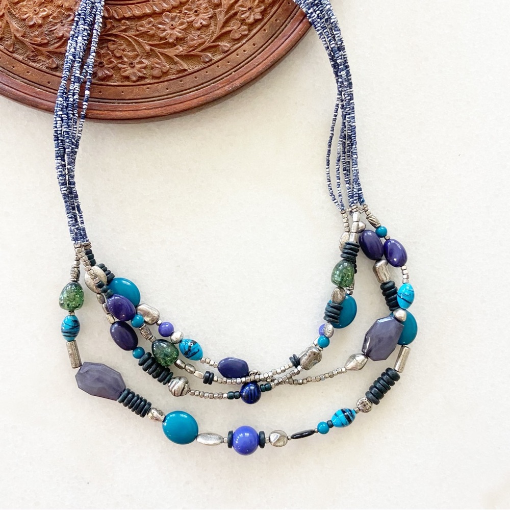 Chico’s Long Necklace Multi Strand Blue Silver Turquoise Beaded Summer Beach